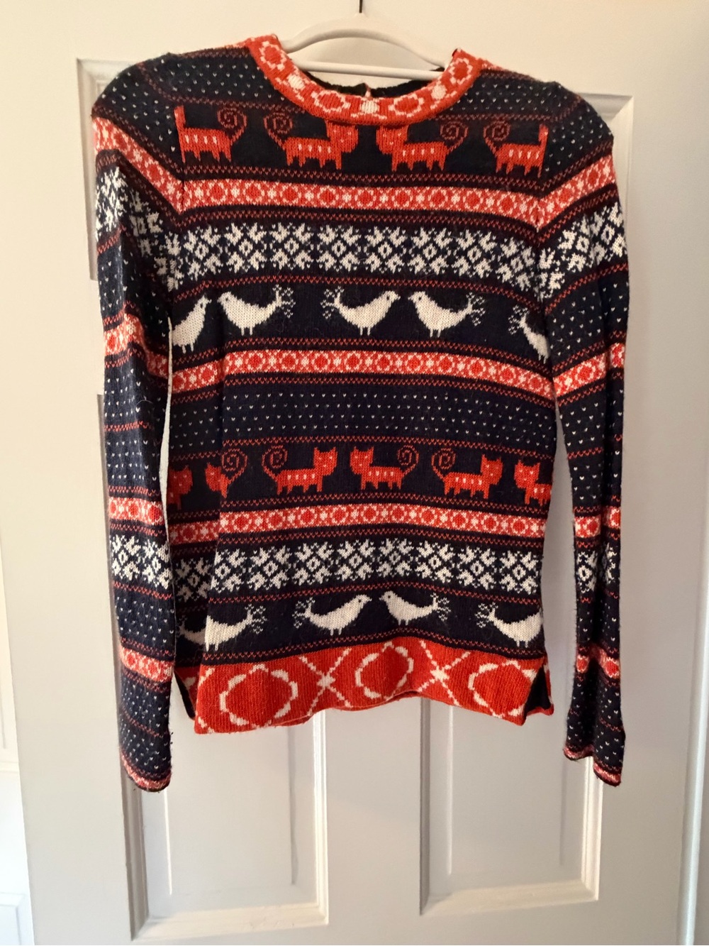 J. Crew Navy, Orange & White Fair Isle Animal Motif Crewneck Sweater